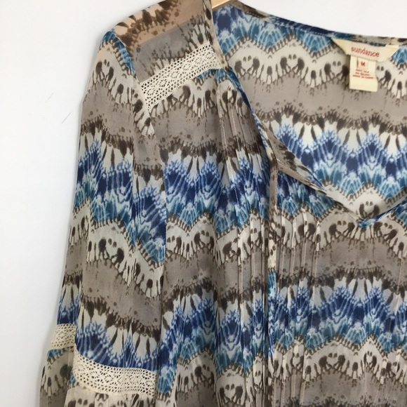 Sundance Women’s Silk Semi Sheer Boho Tunic Top Balloon Sleeve Blue Gray Blouse - Picture 9 of 13